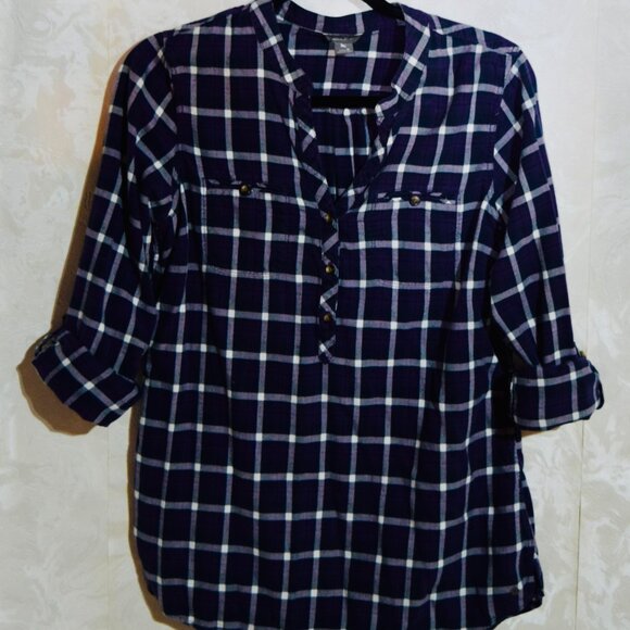 Eddie Bauer Women's Plaid Flannel Popover Blouse | Navy & White | Size M - Picture 6 of 6